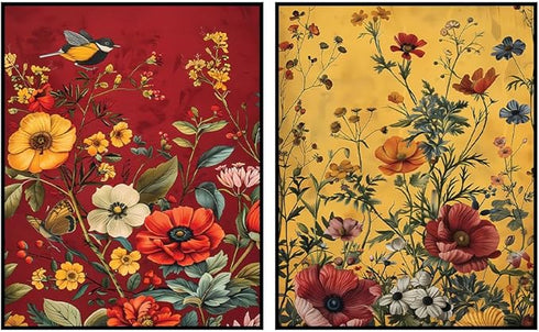 Posterizer 2 pcs-Red and Yellow Themed Wild Flowers and Birds-Floral Botanical-Abstract Modern Art - Gift for Nature, Surfers and Beach Lovers-Dec...